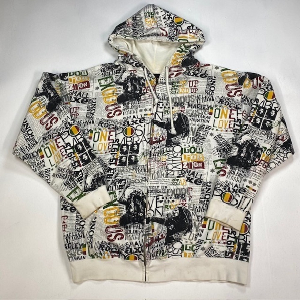 Zion Rootswear Bob Marley Newspaper Print Zip Up Hoodie XL White Rasta Reggae
